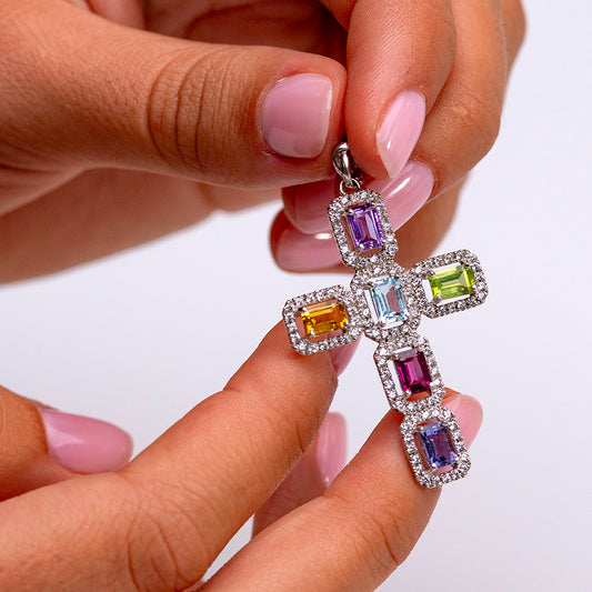 Ciondolo Croce Multicolore in Argento 925