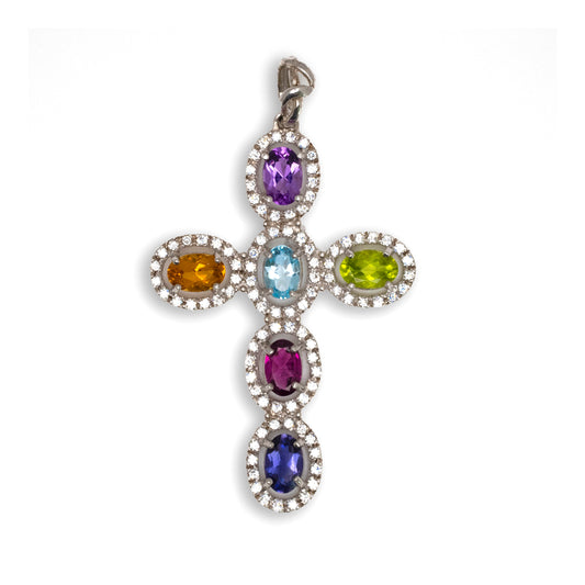Ciondolo elegante in argento con pietre colorate – ametista, citrino, peridoto e topazio – con zirconi incastonati