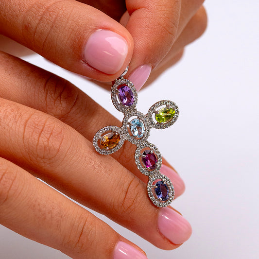 Ciondolo Croce in Argento con Pietre Colorate – Design Elegante e Luminoso