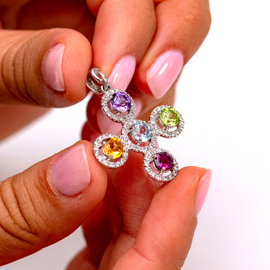 Ciondolo Croce Colorata in Argento 925 con Zirconi