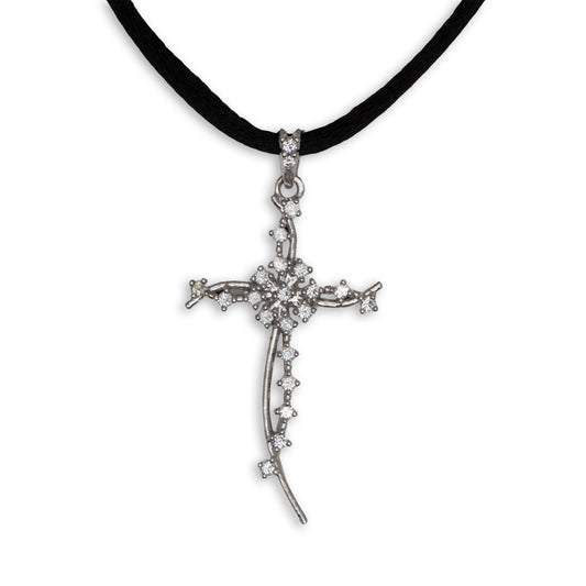Ciondolo Croce in Argento 925 con Zirconi e Cordino Nero