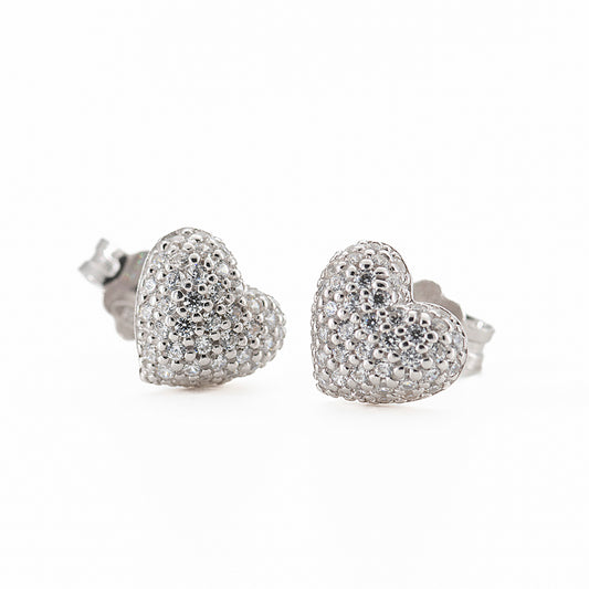 Orecchino a Perno in Argento 925 con Zirconi - Cuore Martellato